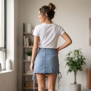 FRENCH KISS Side Lace-Up Denim Mini Skirt - Blue. Size M